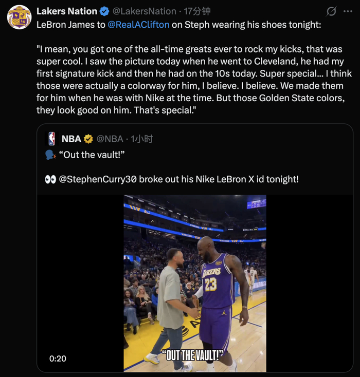 库里穿詹姆斯签名鞋致敬，湖人客场大胜勇士